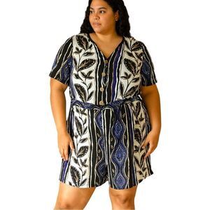 Vintage Geometric Floral Patterned Romper Plus Size Jumpsuit